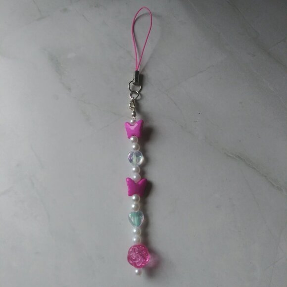 Hot Pink Butterfly Beaded Phone Charm | Iridescent Pearl Strap Accessory - Picture 3 of 7
